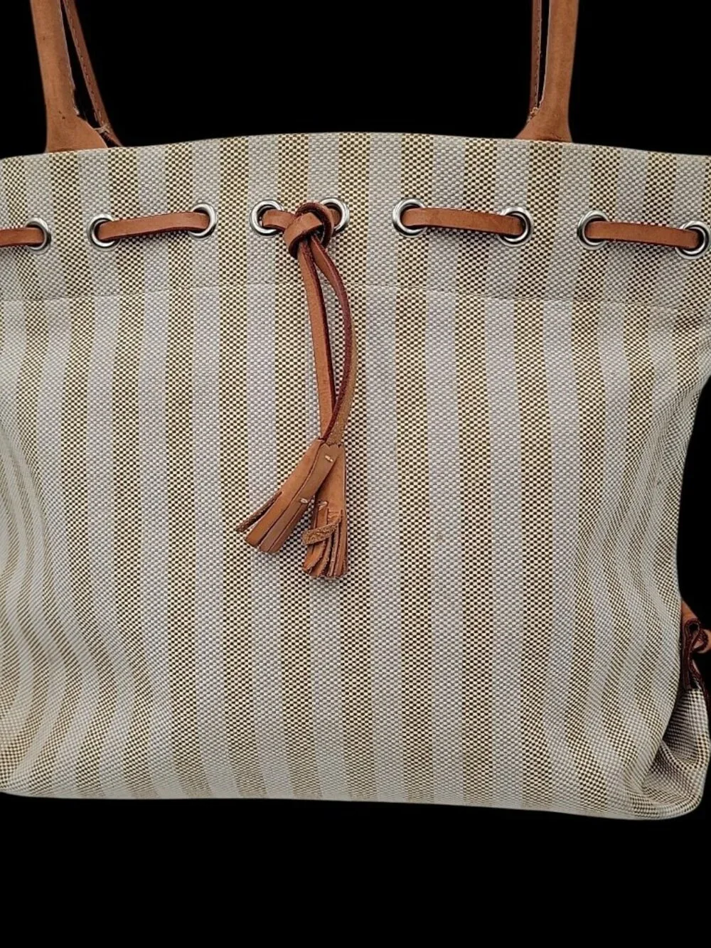 Vintage Dooney And Bourke Striped Tassel Tote Bag Leather Trip Beige & Creme - Picture 3 of 16